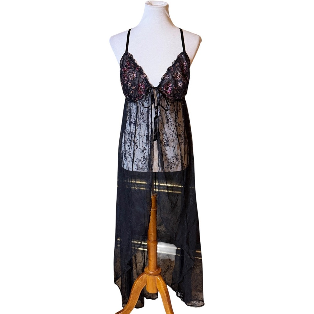 Savage X Fenty Babydoll Gown Women 1X Black Sheer Lace Floral High‎ Low